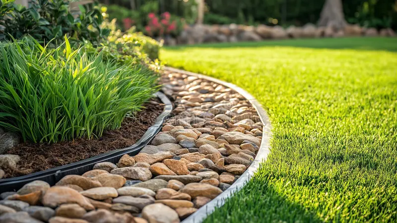 Clean mulch beds with professional edging in the Treasure Valley